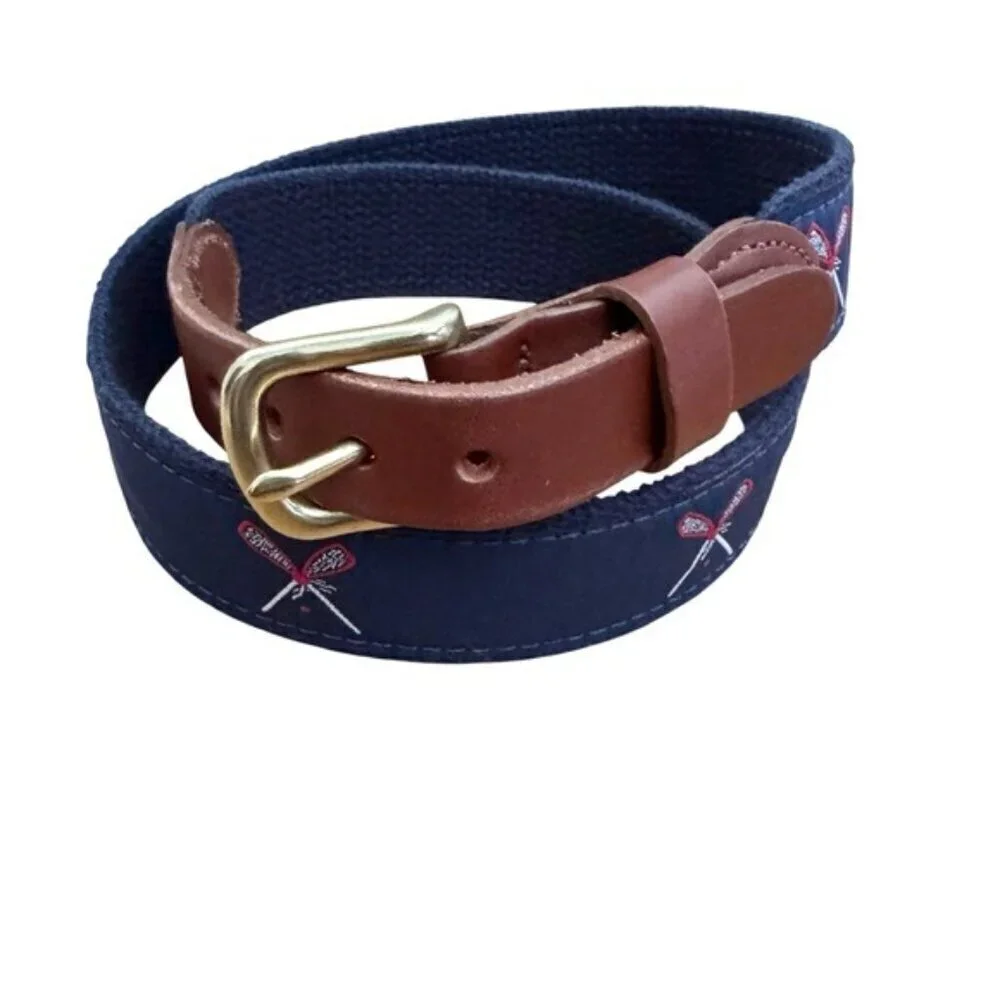 Leather Man Embroidered Lacrosse Belt Brass Buckle Leather Trim Navy Size 30